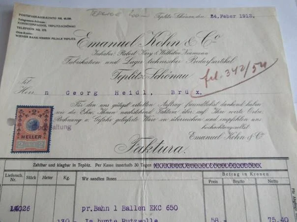 Teplice - Emanuel Kohn - Výroba a skladování technických potřeb - 1912