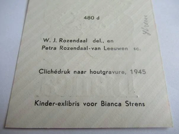 Kinder-exlibris Bianca Strens, 1945, W. J. Rozendaal – Cliche-druk (X1), 10,5 × 7 cm