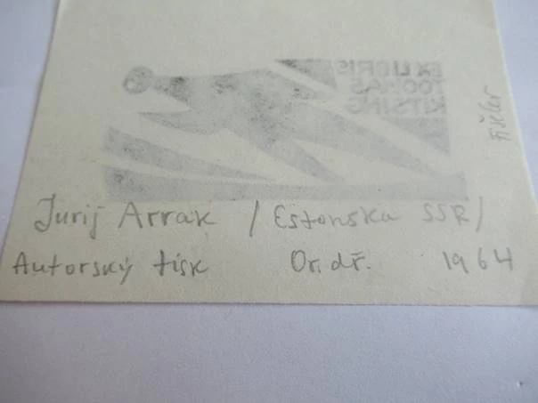 Exlibris – pro Toomase Kitsinga – Jüri Arrak – (1964), originální dřevoryt (autorský tisk), avantgardní motiv se stylizovanou postavou – 10 x 7 cm