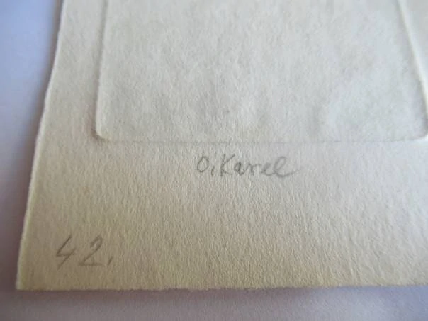 xlibris – pro J. L. Krejčího – Otakar Karel – C3 (lept) se signaturou, motiv ženského aktu na poli s kosou – 10,5 x 7 cm