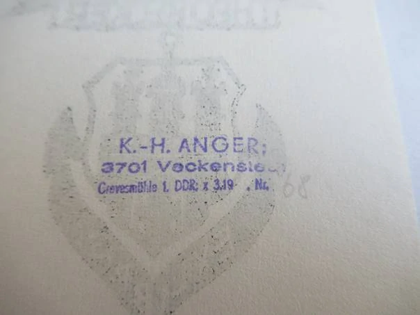 Exlibris – pro Theo Beckera – K.-H. Anger – (1978), X3 (linoryt) se signaturou, námořní motiv s hanzovní lodí a kotvou – 13 x 7 cm