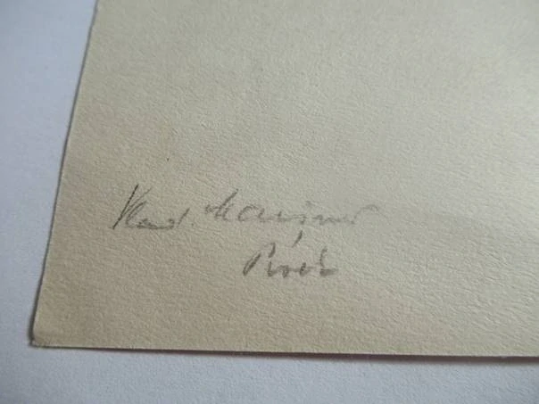 Exlibris – Z knih Jožky Kašpara – Vladimír Komárek (cca 1970–1980) – Motiv: Romantická alegorická scéna s dívkou na skále a poutníkem, originální ručně signovaný dřevoryt / zinkografie v hnědočerveném tónu (15,5 x 10,5 cm)