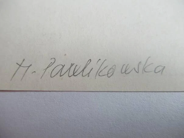 Zbiory Muzeum Śląskiego – Halina Pawlikowska, 1968 – originální barevný linoryt X3, abstraktní motiv s křídly, 12x8 cm