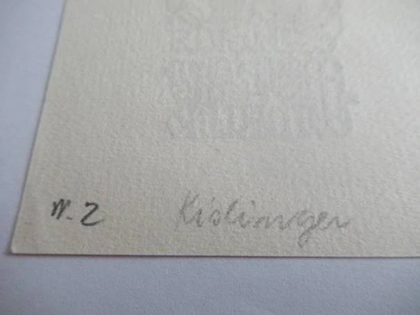Exlibris Mag. Pharm. Hans Winkler – Max Kislinger, cca 1950 – originální dvoubarevný dřevoryt X2/2, farmaceutický motiv se sv. Františkem, 14x7 cm