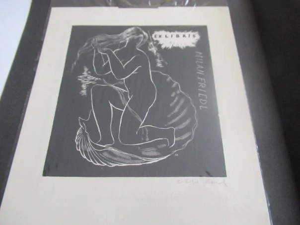 Exlibris Milan Friedl – Rostislav Michal, cca 1980 – originální linoryt X3, motiv zrození Venuše, v paspartě 22,5x15,5 cm, exlibris 13,5x12 cm