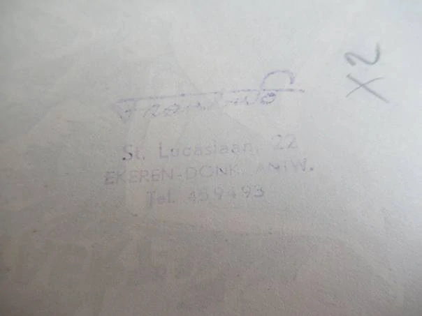 Exlibris – Mia Steyaert – Frank-Ivo van Damme – motiv: Klečící žena s maskou a zrcadlem – 15×10 cm – dřevoryt (X2)