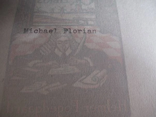 Exlibris – Helmer Fogedgaard – Michael Florian – motiv: Mnich (písař) píšící husím brkem v knihovně – 14,5×10,5 cm – barevný dřevoryt (pasparta 22,5×15,5 cm)