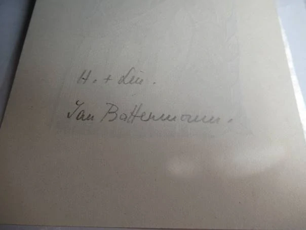Exlibris – Dr. Anna Lerperger – Jan Battermann – motiv: Ženský akt (Vodnářka) vylévající vodu z amfory – 13×8,5 cm – barevný linoryt (pasparta 22,5×15,5 cm)