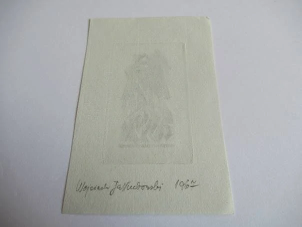 Exlibris – Józef Ondrusz – Wojciech Jakubowski – motiv: Strom prorůstající domem (kořeny a klas) – 10×6,5 cm – mědiryt (C2) – 1967
