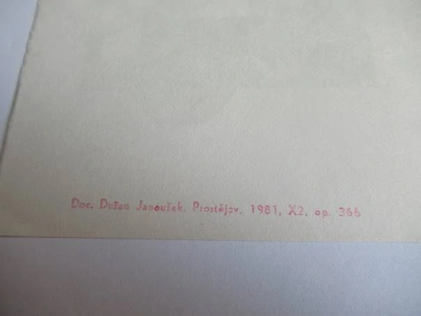 Exlibris – L. Lamač – Dušan Janoušek – motiv: Avantgardní kompozice s mužským portrétem, ženským aktem, okem a květem karafiátu – rozměry 14,5×10,5 cm – dřevoryt (X2) – rok 1981
