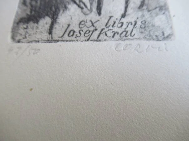 Exlibris – Josef Král – Corvi – Polonahá žena s dlouhými vlasy – v paspartě, pasparta 22×15,5 cm