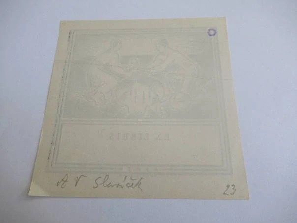 Exlibris – Monogram D. P. – Antonín V. Slavíček – Klečící muž a žena u pramene – dřevoryt (X2), 9,5×9,5 cm