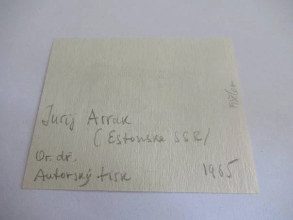 Exlibris – Loit Pakkas – Jüri Arrak – Estonsko, 1965 – původní autorský linoryt (X3) – 8×6,5 cm