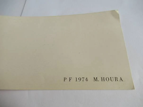 Sběratelská PF 1974 – autor: Miroslav Houra – motiv kosmický terč s šipkami a stylizovaná postava, barevný linořez X3 (21 × 10,5 cm)