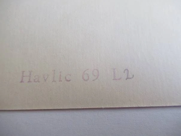 Původní sběratelská novoročenka PF 1970 – autor Vladimír Havlic, signovaný a číslovaný linoryt / zinkografie (12,5 × 6,5 cm)