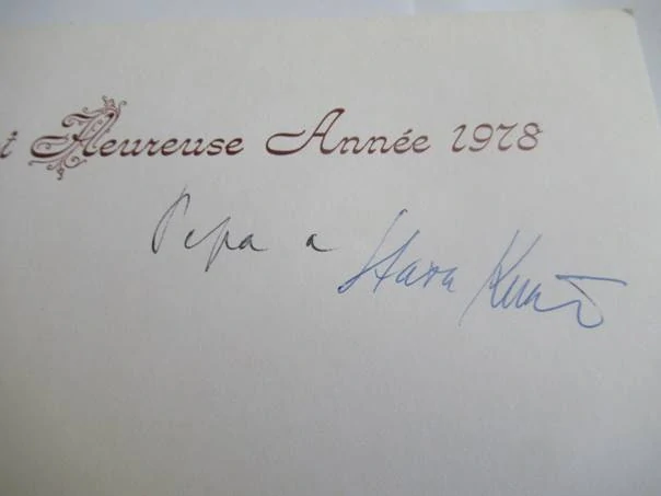 Původní sběratelská novoročenka Bonne et Heureuse Année 1978 – autor Zdeněk Kučera, motiv francouzského Collioure, grafický list (21 × 10,5 cm)