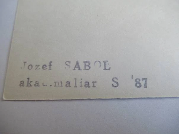 Původní sběratelská novoročenka PF 1988 Burdátš – autor Jozef Sabol, signovaná a číslovaná serigrafie (14,5 × 9,5 cm)
