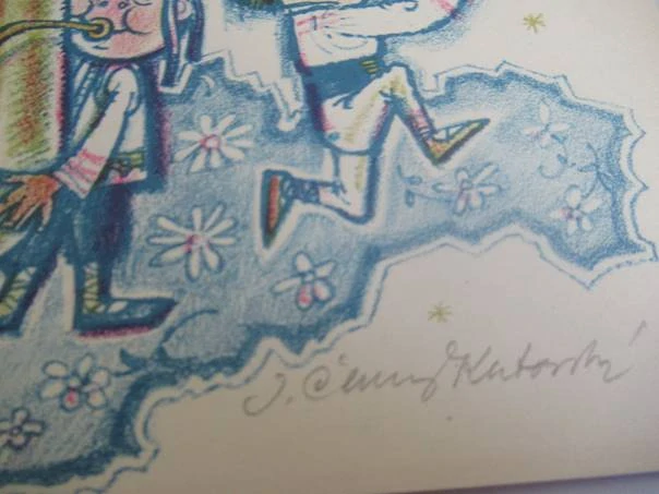 Původní sběratelská novoročenka Silvestr 76 – ilustrace Jan Černý Klatovský, autorský podpis Jan Kanyza, barevná litografie (21 × 10,5 cm)