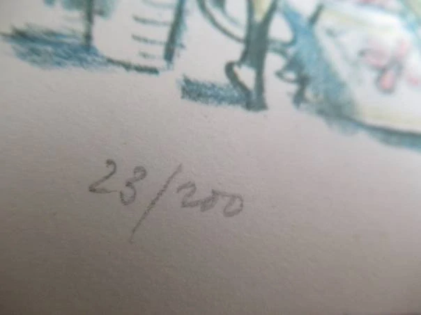 Novoroční PF 1977 s humorným motivem batolete s lesním rohem, vhodné pro sběratele novoročenek a české ilustrace, autor Jan Černý Klatovský, originální podepsaný tisk (číslovaný výtisk 23/200), rozměr 20,5 × 10 cm