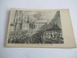 Praha - Jejich Veličenstva v korunovačním rouchu na balkoně po korunovaci 1836