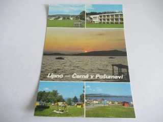 Lipno - Černá v Pošumaví, Celkový pohled, hotel Racek, západ slunce..