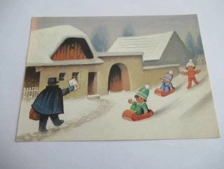 V. Kubašta - Pošťák a chlapci na saních