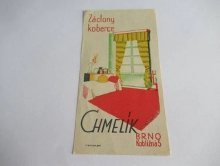 Litografická účtenka Chmelík Brno – Interiér se záclonami a koberci (tisk Bilík)