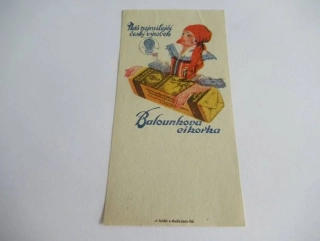 Exkluzivní litografická účtenka Balounkova cikorka – Česká hospodyně s horkovzdušným balonem (30. léta)