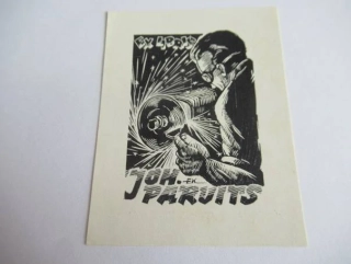 Exlibris Joh. Parvits | Enn Kera (Estonsko), motiv dělníka u brusky, originální dřevoryt