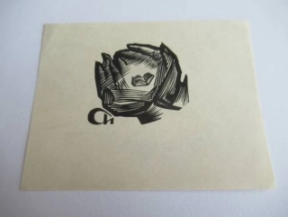 Originální miniatura exlibris 7,5 x 5,5 cm – Motiv dlaní s knihou (1966) – H. & N. Burmaginovi