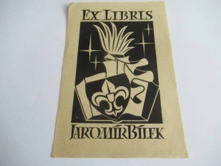 Exlibris Jaromír Bílek – Rytířská přilbice a lilie | J. Bínko, originální heraldická grafika14 x 9,5 cm