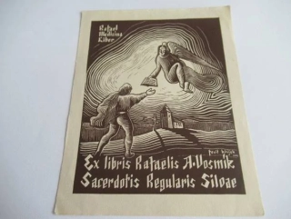 Exlibris Rafael A. Vosmík (Želiv) | Felix Křížek, rok 1933, originální temný dřevoryt 14 x 11 cm