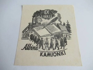 Originální exlibris 11 x 10 cm – Důl a dělníci (1953) – Albin Kamionka – Edward Grabowski