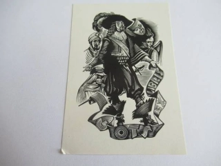 Divadelní exlibris Richard Kaljo, 9 × 6 cm – Motiv Tří mušketýrů pro herce jménem „GOTS“