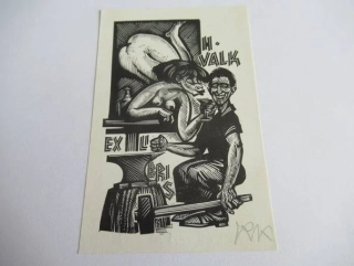Signované exlibris Richard Kaljo, 9,5 × 6 cm – Pro významného estonského karikaturistu H. Valka (1971)