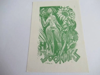 Barevné exlibris Richard Kaljo, 10 × 7 cm – Motiv ženského aktu a slunečnice pro H. Joonuks (Estonsko)