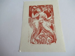 Barevné erotické exlibris Richard Kaljo, 10 × 7 cm – Motiv ženského aktu se dvěma tvářemi pro Helmut Joonuks (Estonsko)