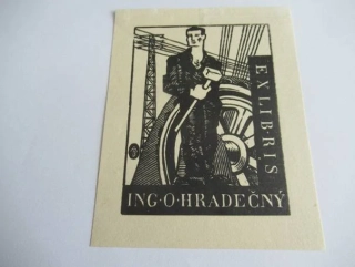 Prvorepublikové exlibris Ing. O. Hradečný, 12 × 9,5 cm – Alois Burke (Praha 1930)