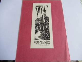 Exlibris Beneš – Historická věž s bránou | Vladislav Ondráček, signovaný linoryt 1978, 20,5x14,5 cm