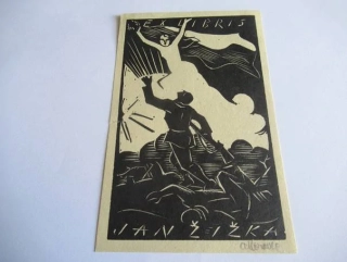 Signované exlibris Jan Žižka, 15 × 9,5 cm – Alois Moravec (1928)