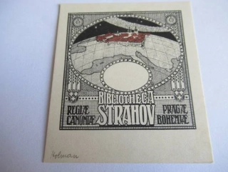 Signované secesní exlibris Bibliotheca Strahov, 7 × 6,5 cm – Miloslav Holman