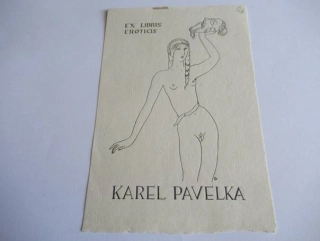 Sběratelské erotické exlibris Karel Pavelka, 14,5 × 9,5 cm – Mikuláš Galanda (1934)