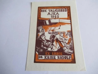 Vícebarevné exlibris Dr. Krier Rudolf, 13 × 9 cm – KBK Találkozó Ajka 1985 (Péter Ürmös)