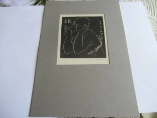 Exlibris EK – Ženský půlakt | Rudolf Machalica, signovaný linoryt 1975, v paspartě 22x15 cm