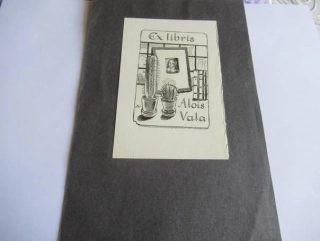 Exlibris Alois Vala – Kaktusy v okně | Jaroslav Vojna, 1950, list 21x14,5 cm (grafika 13x8,5 cm)