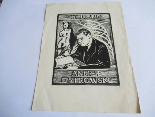 Józef Gielniak – Originální exlibris pro Andree Ostrowski (17,5 × 13 cm), motiv Čtoucího muže