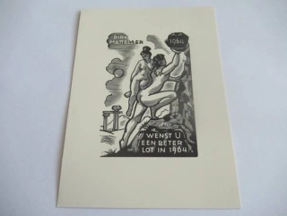 Exlibris Dirk Mattelaer – Sisyfos a akt | Frans Luyckx, originální dřevoryt 1964, 14,5x10,5 cm