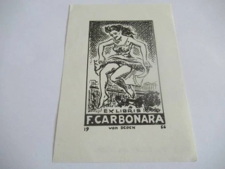 Exlibris F. Carbonara – Tancující žena | Erik Bronsdorf von Deden, originální linoryt 1956, 14,5x10 cm