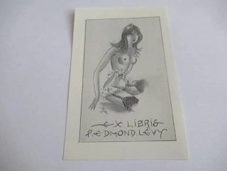 Erotické exlibris P. Edmond Lévy – Akt v podvazcích | Alberto Coppa (Itálie), signováno na rubu, 10,5x6,5 cm