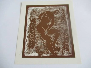 Erotické exlibris J. Vils Pedersen – Akt | H. Ott (Dánsko), originální grafika C2 z roku 1971, 11x9,5 cm